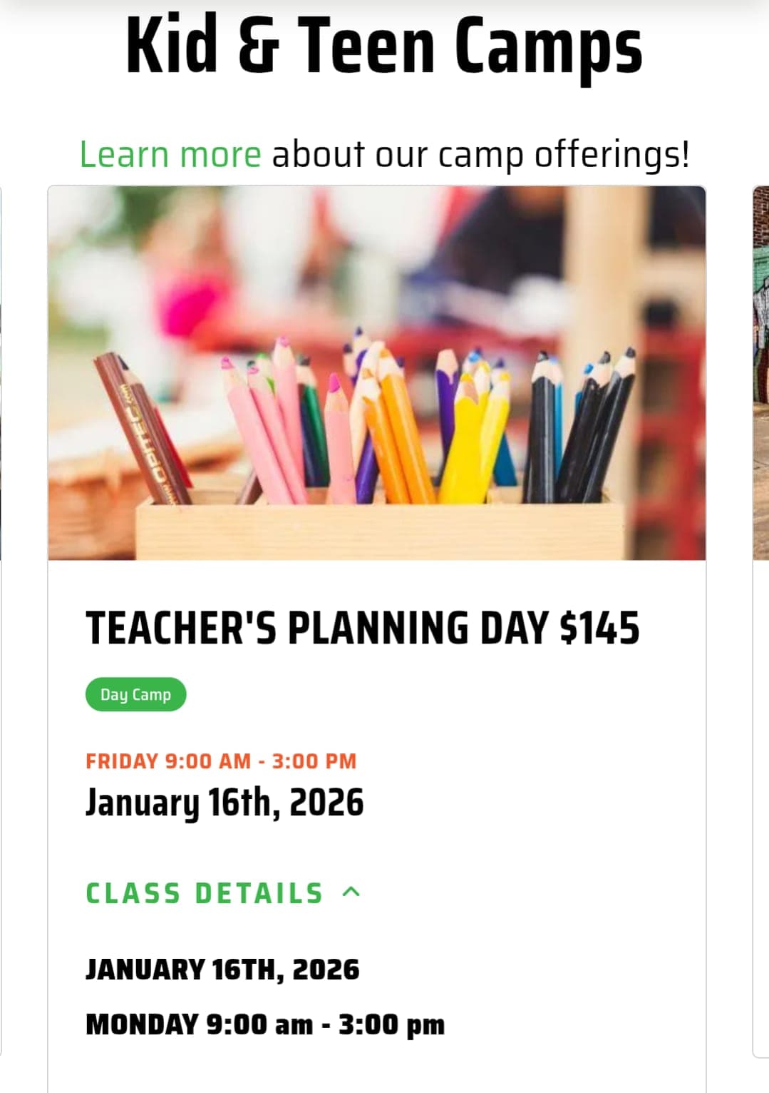 TEACHER'S PLANNING DAY Camp